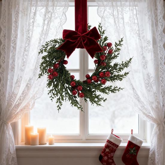 Yousheng Kunstig julekrans til ytterdør 10 tommer Vintergrønn krans med røde bær og fløyelsløyfe til høytiden Gårdsstil Innendørs Utendørs