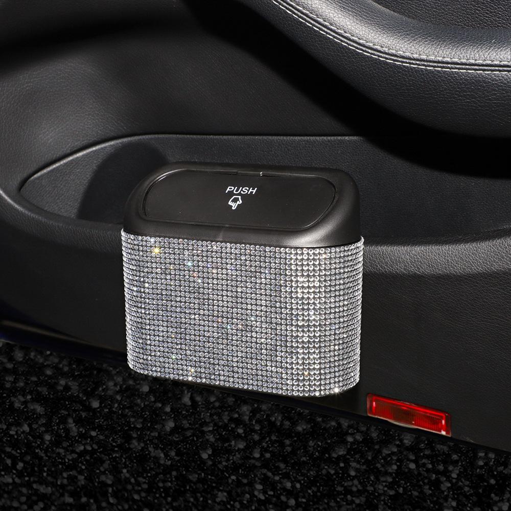 Diamond Crystal Car Trash Bin Hanging Vehicle Garbage Dust Case Storage Box Pressing Type Trash Can Auto Bling Accessories