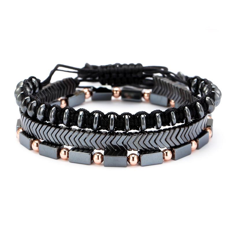Vintage Black Agate Volcanic Stone Beaded Bracelet Summer Vacation Style Men's Natural Stone Stacked Bracelet