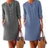 Casual Women Loose Solid Color Buttons Cotton Linen Long Sleeve Midi Dress