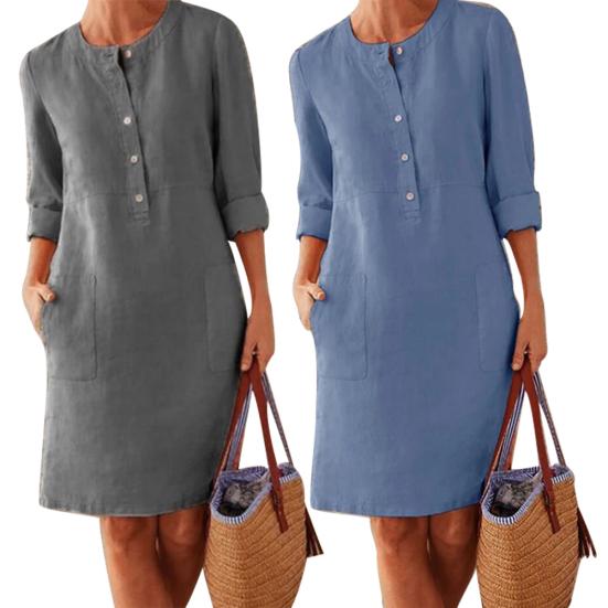Casual Women Loose Solid Color Buttons Cotton Linen Long Sleeve Midi Dress