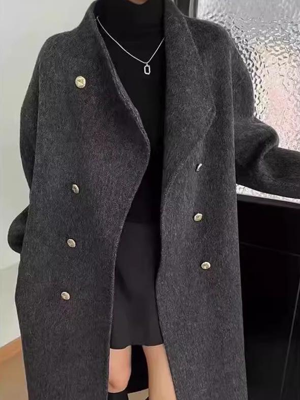 Korean Style Double-Breasted Wool Cashmere Coat for Women - Autumn/Winter, High-End Feel, Stand Collar, Light Luxury.