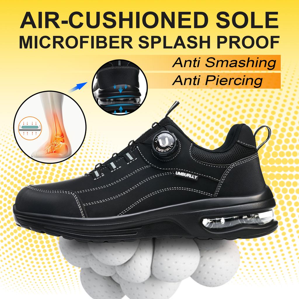 Men's Safety Work Boots Steel Toe Puncture Resistant Kevlar Midsole Air Cushion Black Button Style Industrial Construction Shoes