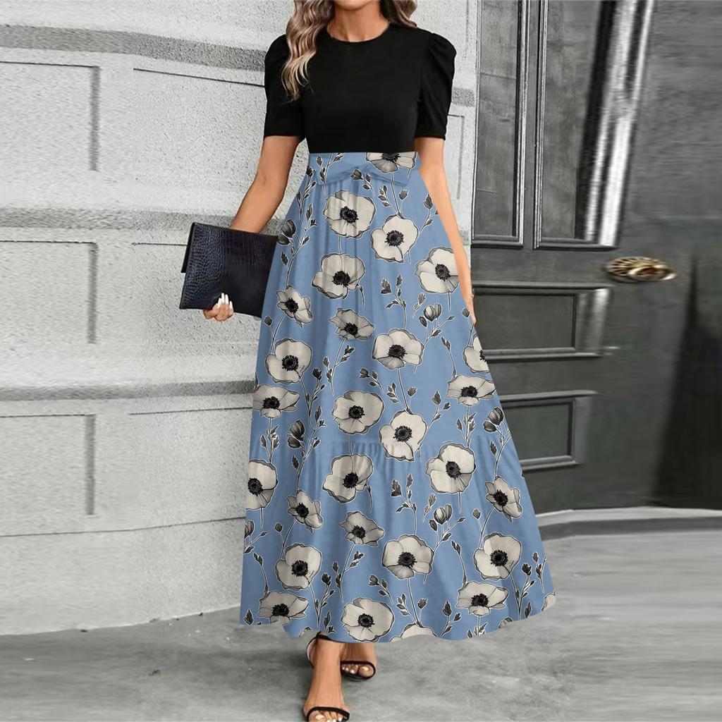 Women's Fashionable Casual Belt Short Sleeved Round Neck Print Elegant Temperament Dress