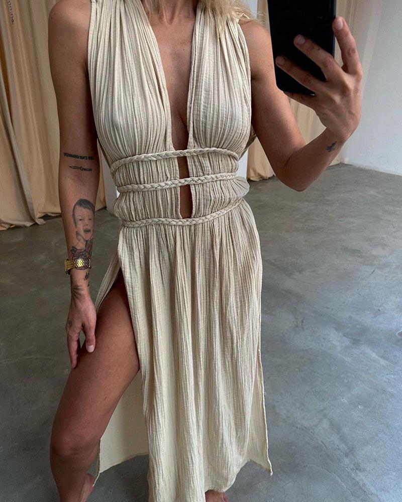 Bohemian Linen Sleeveless Braided Belt Slit Maxi Dress
