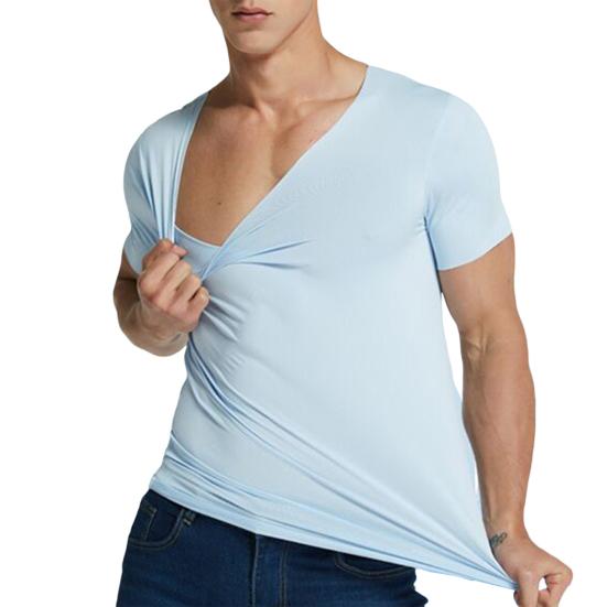 Men's Ice Silk T-Shirts Casual Short Sleeve Sports Tee Summer Breathable Moisture V-Neck Undershirt Top
