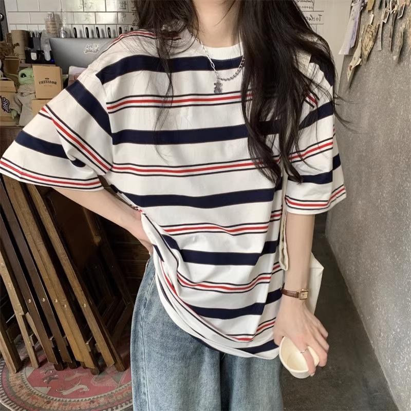Slim Striped Loose Gentle Short-sleeved T-shirt Student Couple Summer Monsoon Casual Lazy Style Top for Women
