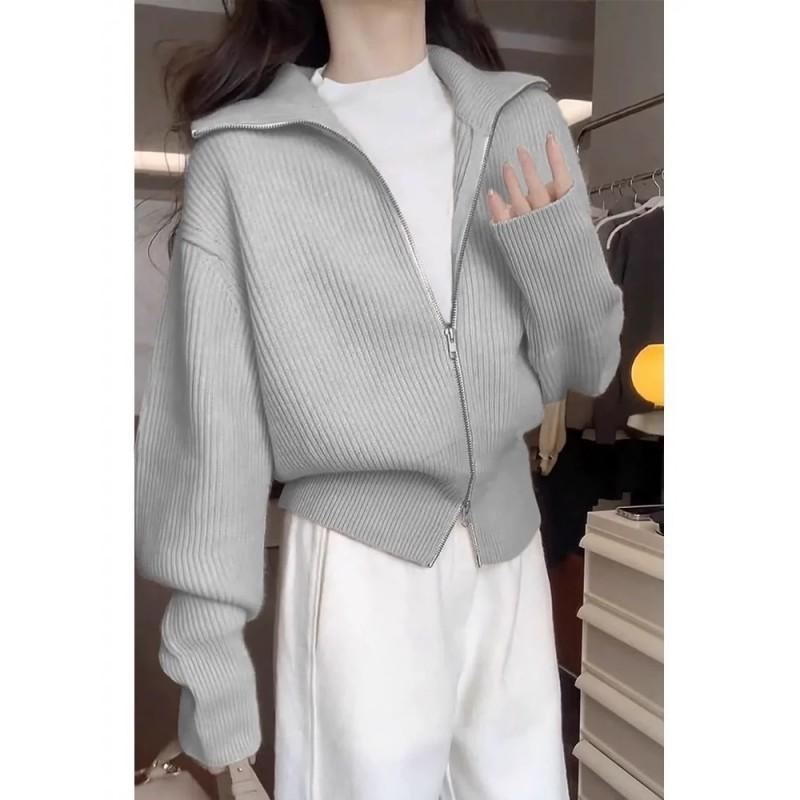 Womens Oversized Knit Cardigan With Zipper Collar Loose Fit Long Sleeve Sweater Jacket Winter