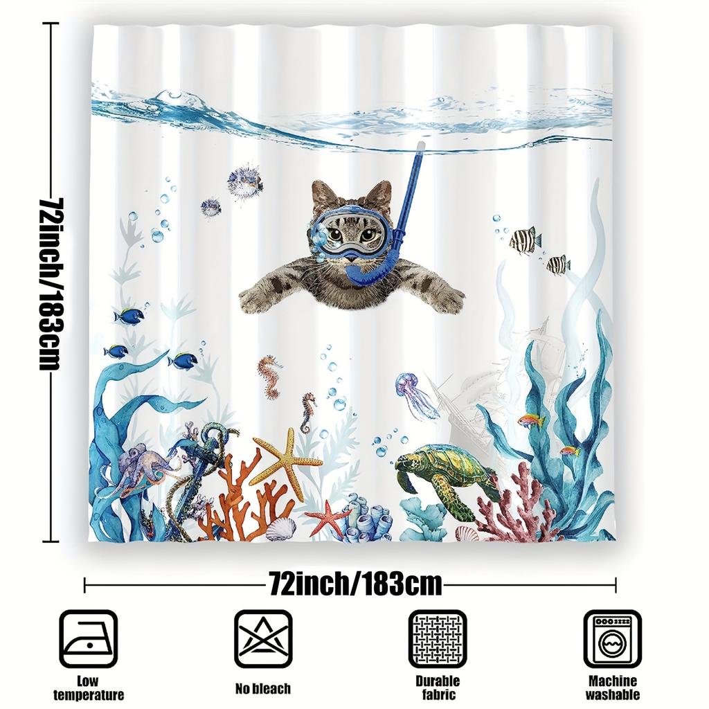 Shower Curtain: Adorable Cat Scuba Diving with Tropical Sea Life for a Fun and Whimsical Bathroom Decor
