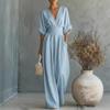 Women's V Neck Short Sleeve Wide Leg Jumpsuit Wrap Waist Elegant Casual Outfit
