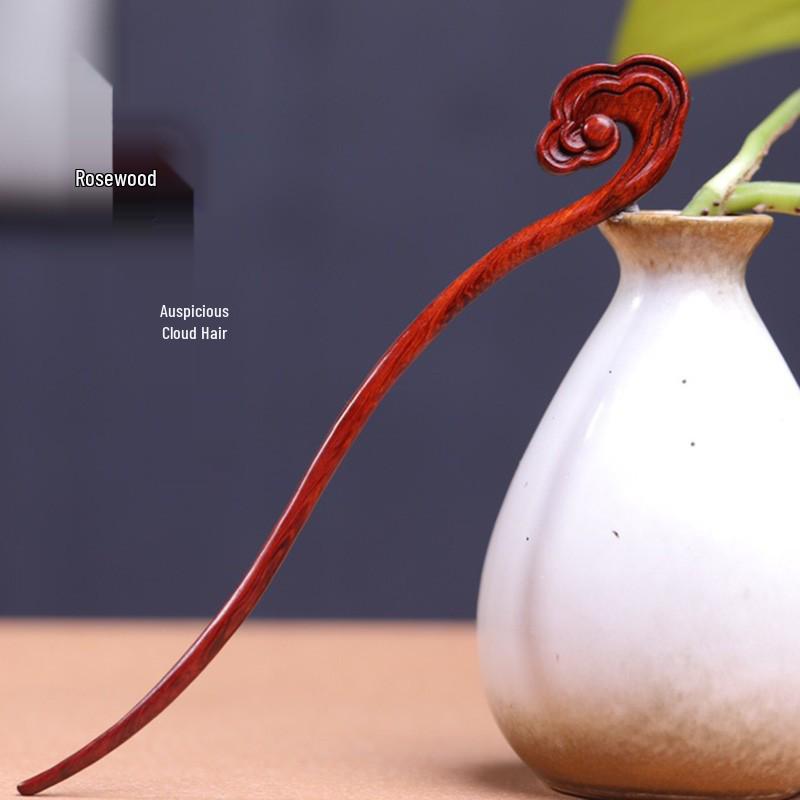 Red Sandalwood Women's Retro Hanfu Hairpins: Hollow Carved Moon Rabbit Wooden Ornaments