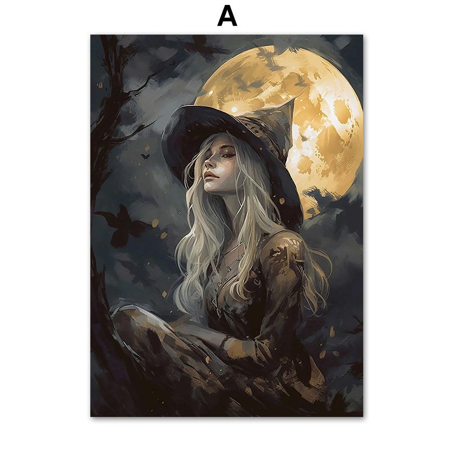 Dark Academia Rose Gothic Victorian Crow Witch Ghost Halloween Wall Art Canvas Painting Posters Print Pictures Living Room Decor