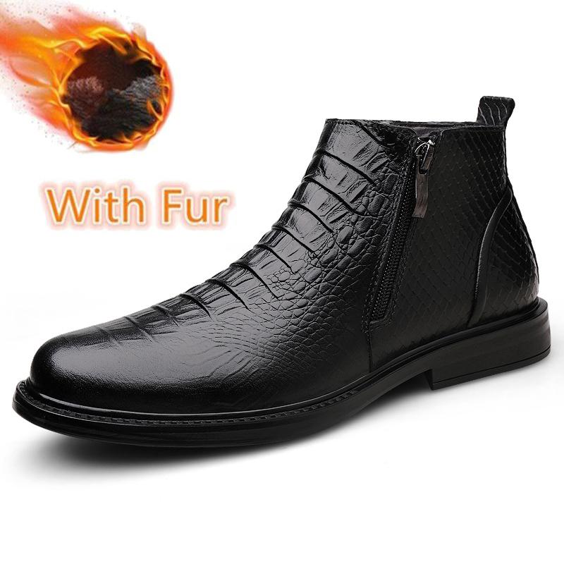 Men Winter Plush Snow Boots Genuine Leather Mens Side Zipper Ankle Boots Fashion Men High Top Casual Shoes All-match Male Botas