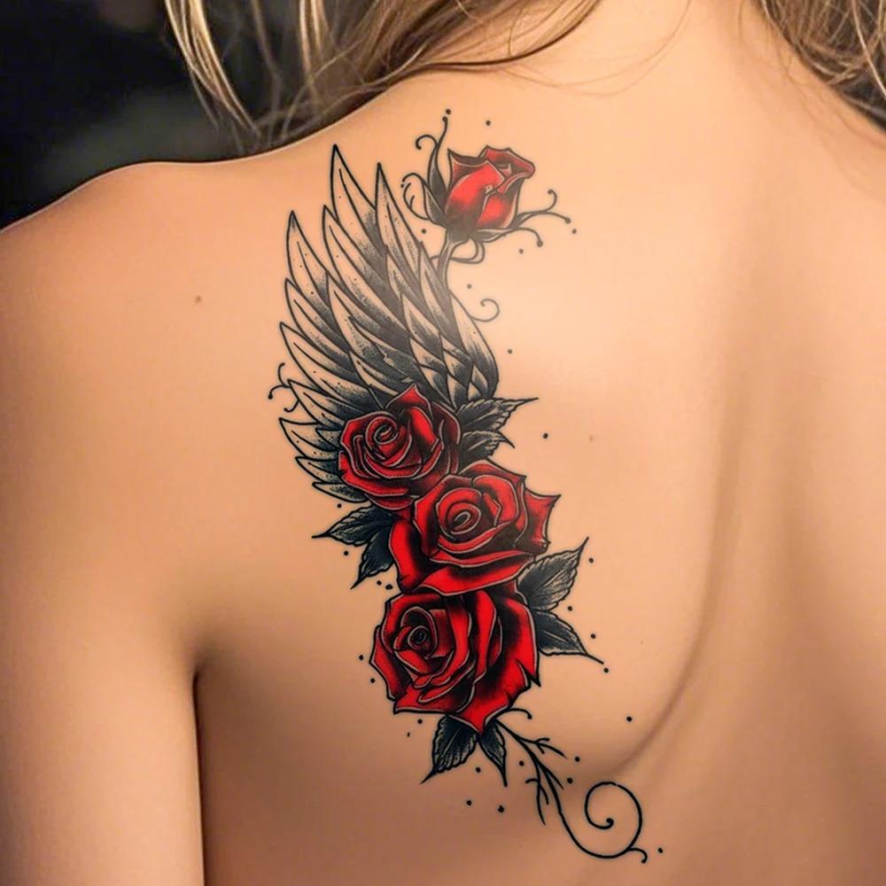 Waterproof Temporary Tattoo Sticker Dark Style Wings Feathers Rose Flower Sexy Body Art Arm Fake Tattoos Sleeve Women Men
