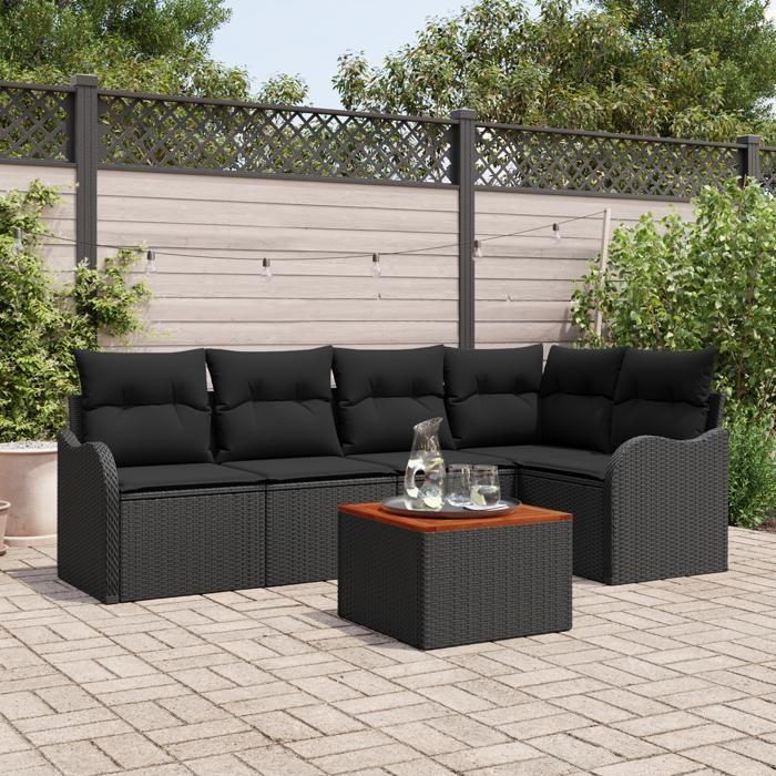Ensemble de canapés de jardin en 6 pièces avec coussins noir poly rattan acacia, Canapé de jardin 2 places avec rangement et 3356126