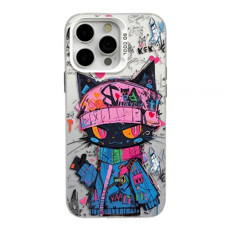 Black Cat Graffiti iPhone 17 Case - Compatible with 13/14Pro/15ProMax/16Pro, Silver Color