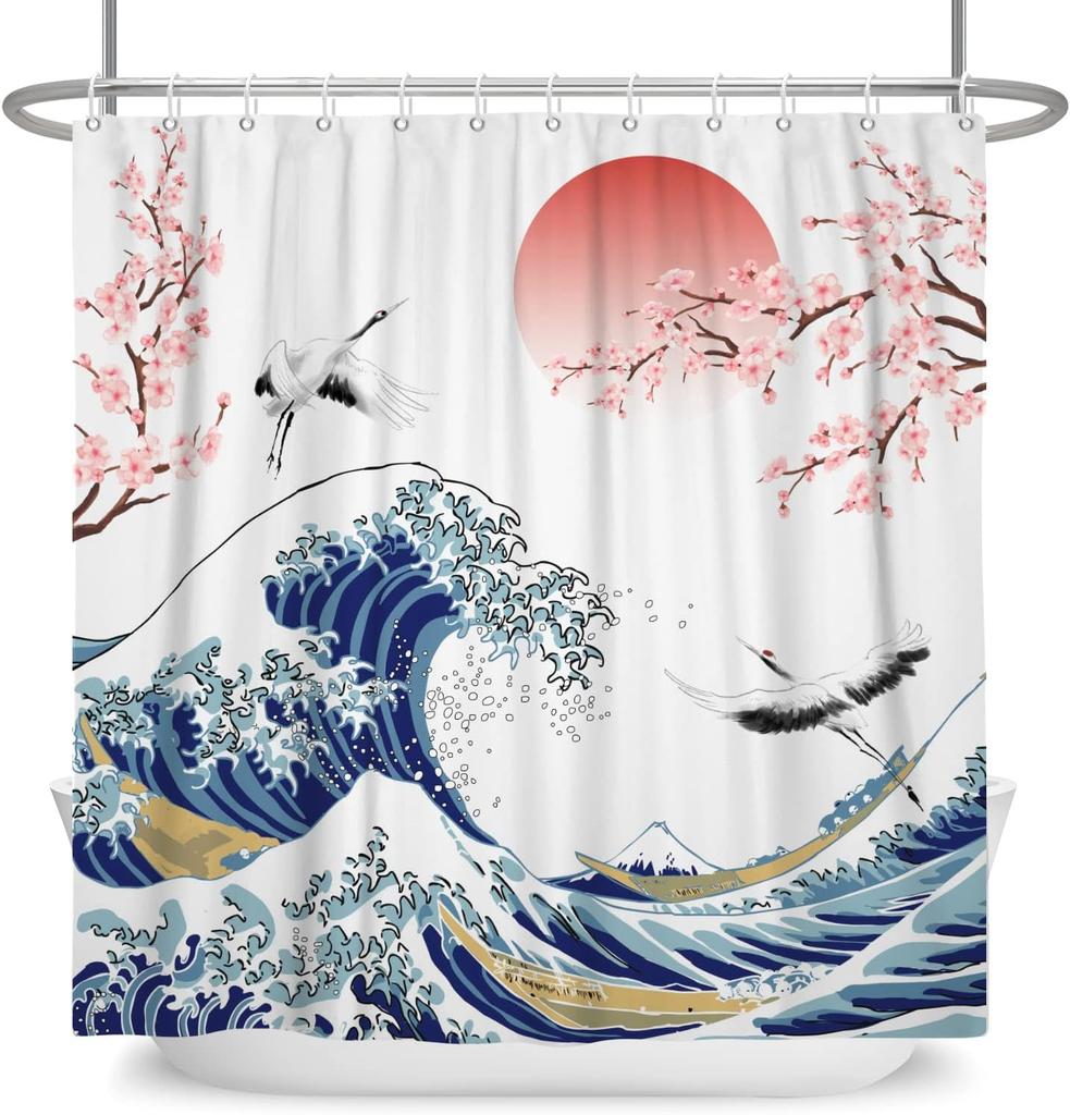 Japan Mount Fuji Körsbärsblom Solnedgång Duschdraperi Bläck Landskap Vågmålning Duschdraperi Badrum Tyg Dekoration