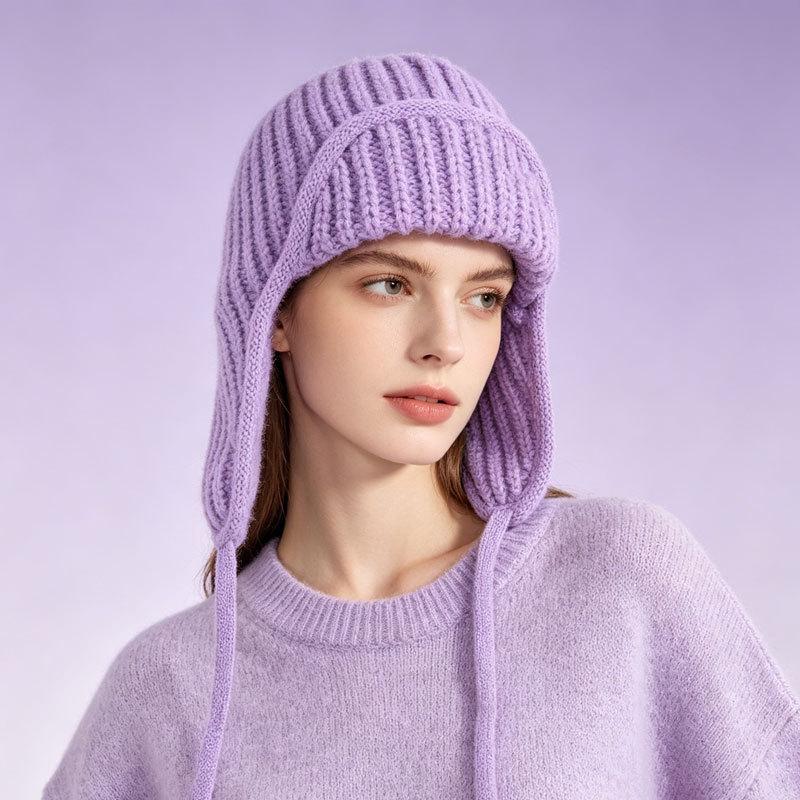 Neue Damen Herbst Winter Ohrklappen Strickwollmütze, Kordelzug Thermisch Warm Flieger Skimütze, Mode Vielseitig Outdoor Trooper Mütze