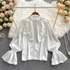 Satin Loose Shirt Long Flared Sleeves Ruffles O Neck Beading  Women Gentle Office Lady Casual Blouse