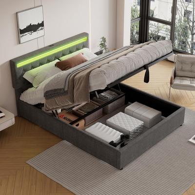 Lit rembourré 160x200cm Lit double hydraulique Sommier Tête de lit Prises de courant Éclairage d'ambiance Espace de rangement Adultes Adolescents Sans matelas