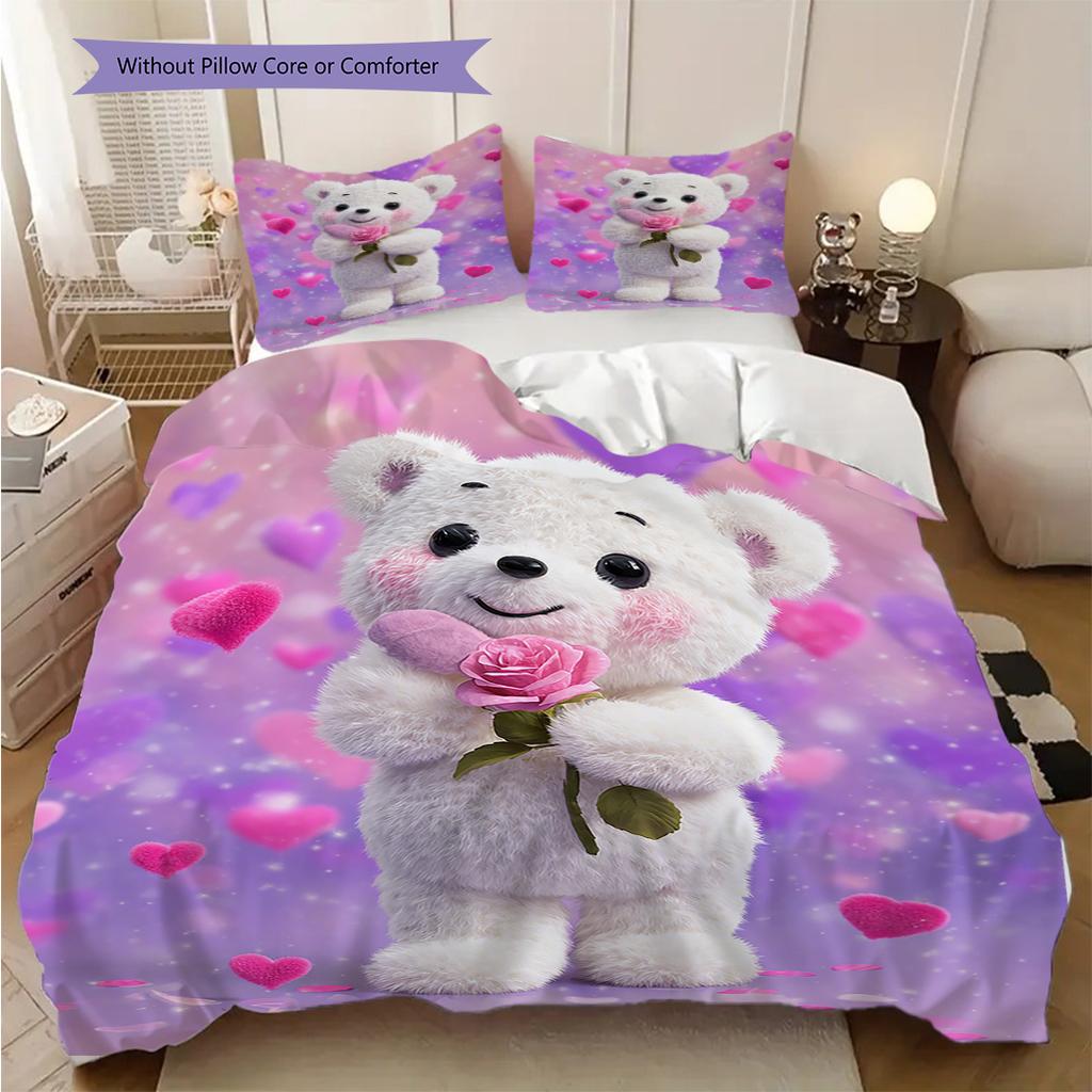 Bear Doll Pattern Bedding Quilt Set Quilt Cover Pillowcase Home Decoration Birthday Gift (1 * Duvet Cover + 2 * Pillowcase, Without Core)