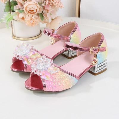 Girls' Crystal High-Heeled Sandals - Elsa Princess Style for Summer 2024