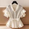 Summer New Women's Elegant Belted Striped Long-sleeved Shirt Ruffled Short-sleeved Top