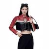 Womens PU Leather Biker Jacket Short Crop Top With Color Block Design Stand Collar Streetwear