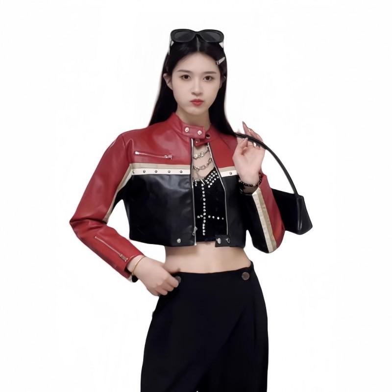 Womens PU Leather Biker Jacket Short Crop Top With Color Block Design Stand Collar Streetwear