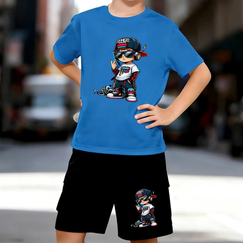 Boys 2 Piece Hip-hop Style Printed Outfit, Short Sleeve T-Shirt and Shorts Set for Kids Age 5-14,Black and White Sporty Casual Summer Clothes
