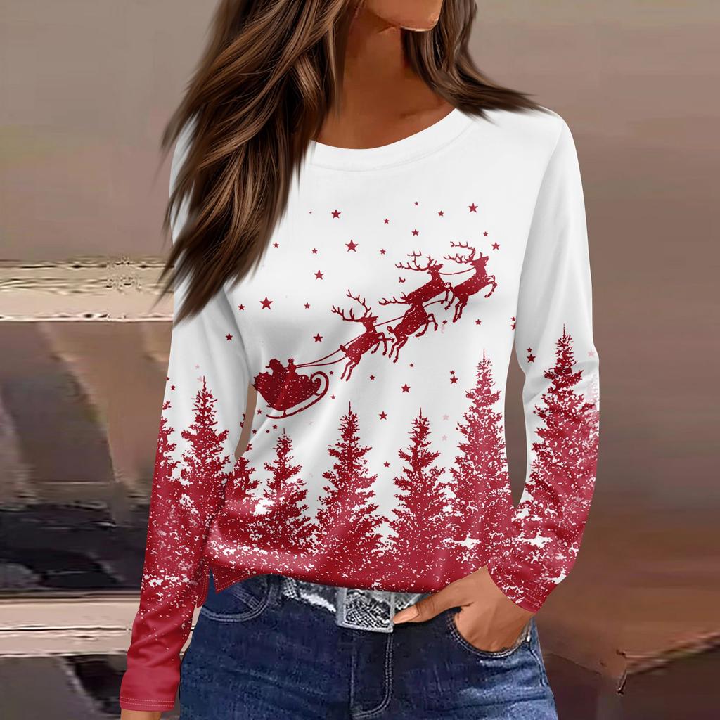Women's Fashion Casual Slit Hem Round Neck Long Sleeve Loose  Printed T-Shirt Ladies Top