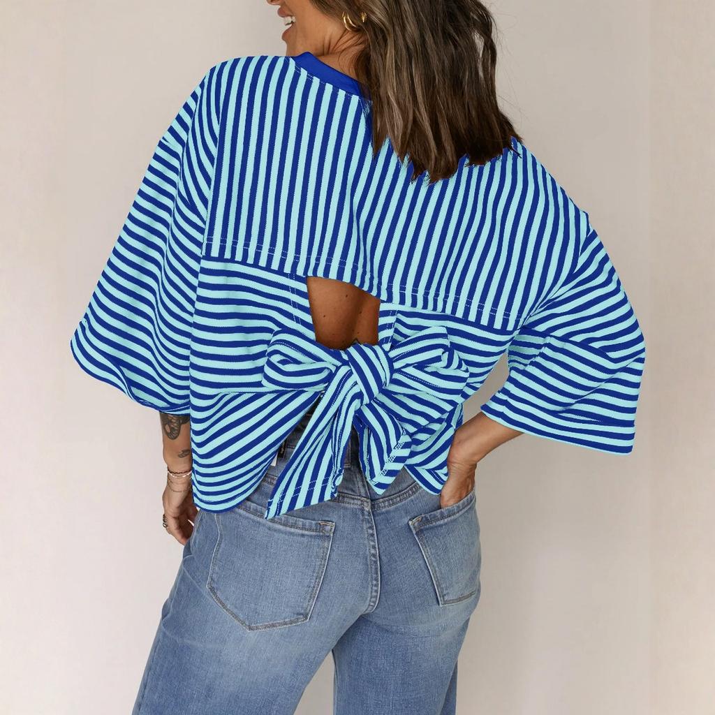 Modeinspirerad rundhalsad randig tröja med rosett bak för dam