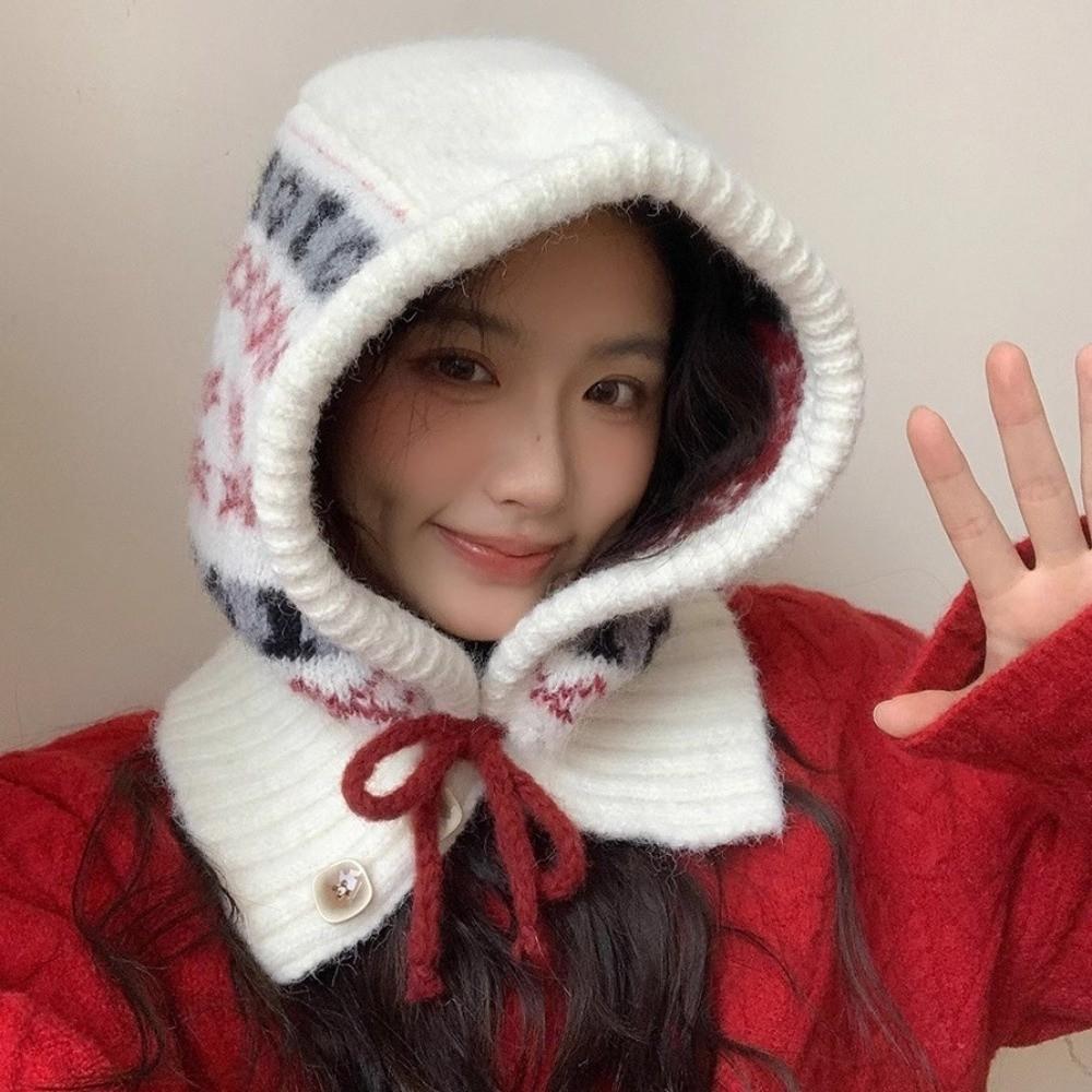 Fashion Snowflakes Winter Balaclava Hats One-Piece Ear Protection Knitted Hooded Cap Thick Warm Windproof Drawstring Hat
