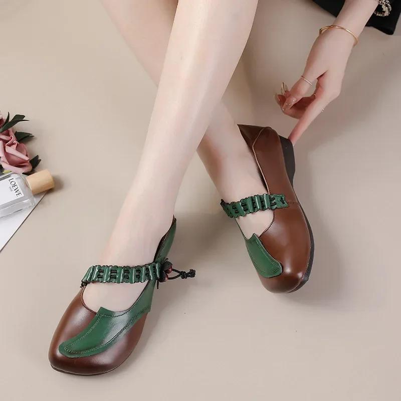 2024 Bestseller Neue Damen Schuhe mit flachem Boden Ethnischer Stil Leder Oxfords Farblich passende Schuhe Schuhe für ältere Mütter