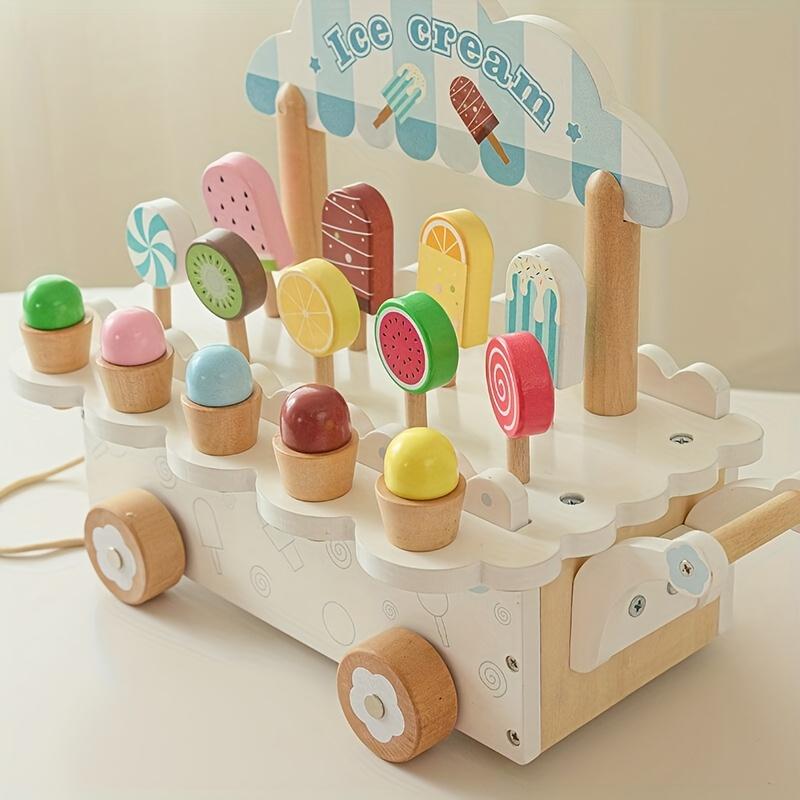 Wooden Pretend Play Ice Cream Truck, Dessert Shop Role Playing Toy Photography Props, Game Room Decorations,8 Ice Cream Stands and 4 Accessories,
