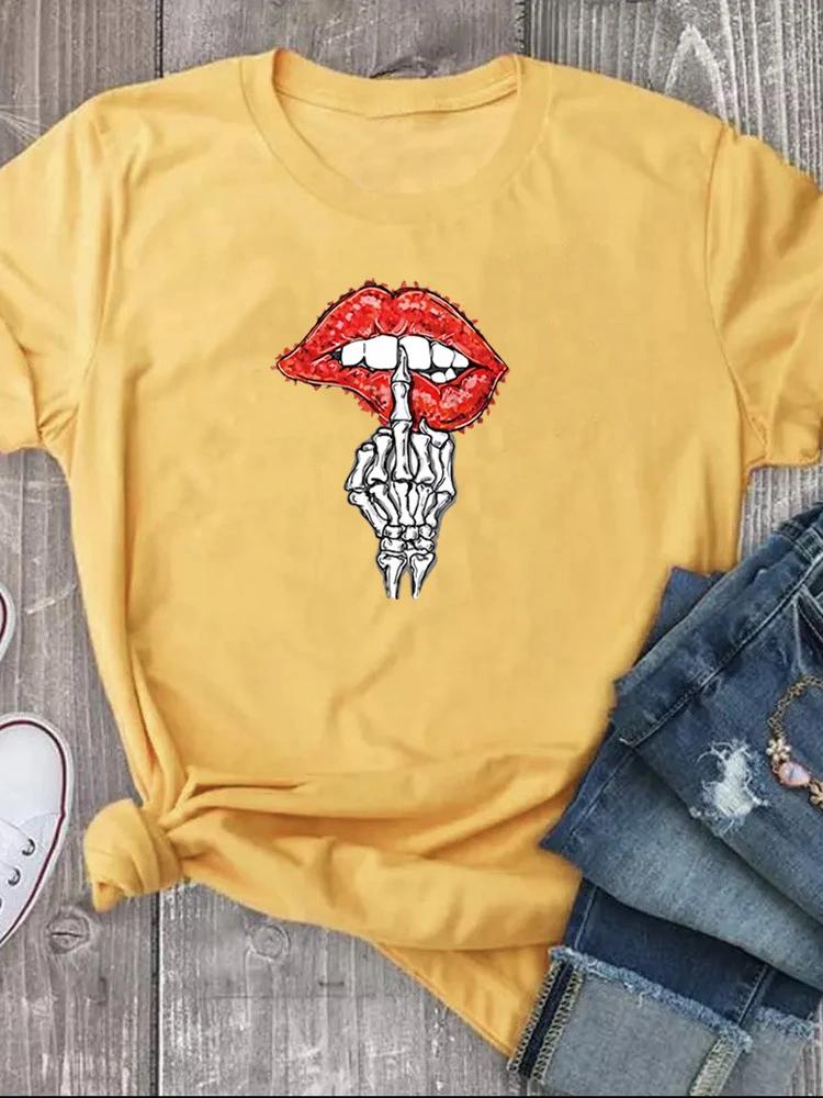 Skull Hand Red Lip Print Women T Shirt Short Sleeve O Neck Loose Women Tshirt Ladies Tee Shirt Tops Clothes Camisetas Mujer