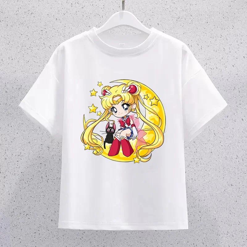 Sailor Moon Children Cotton Tshirt Cartoon Print Short Sleeve Tees Kawaii Pullover Girls Summer Casual Tops Kids Birthday Gifts