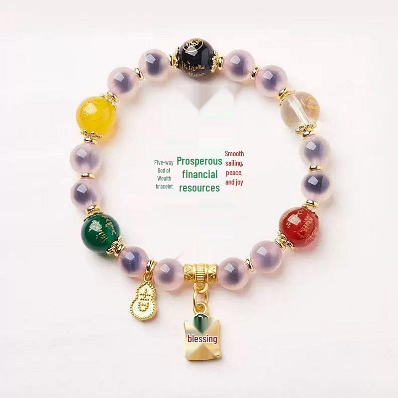 Heart Agate Luck-Bringing Beads Women s Bracelet with Pendant and Gold Foil Five Roads Wealth God Charm