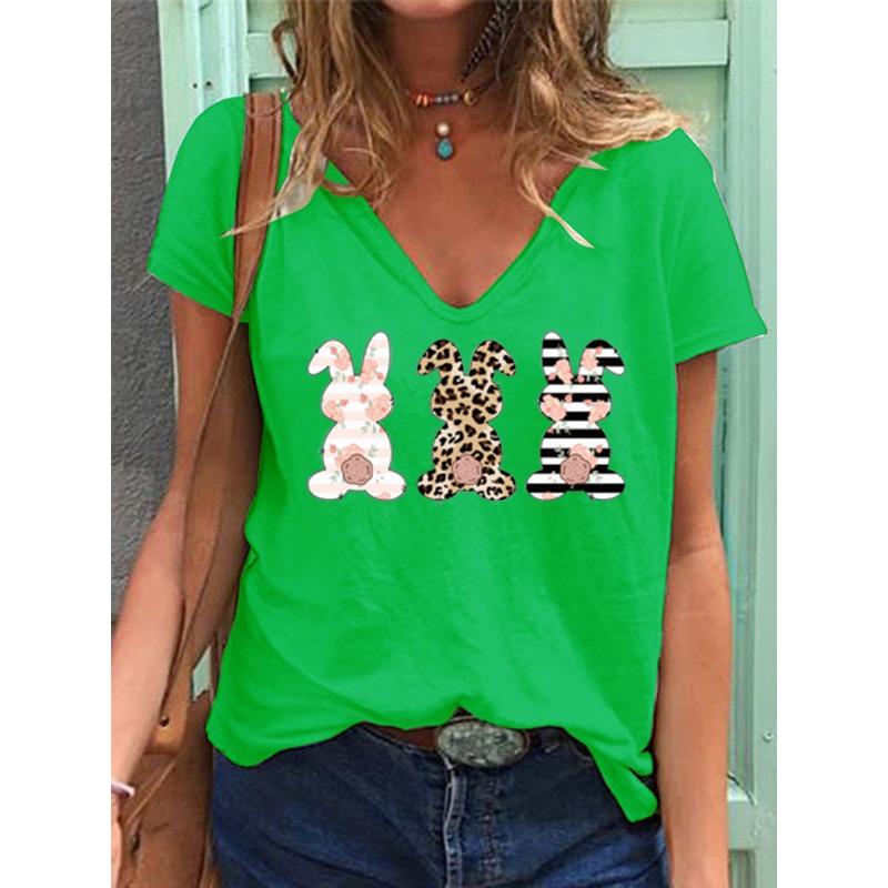 Summer New Casual Daily Versatile Pattern Rabbit 3D Printed Short Sleeved V-neck T-shirt