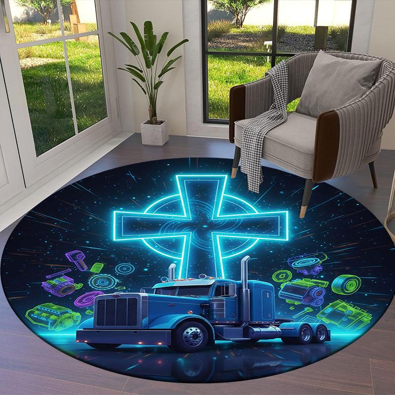 Neon Truck Round Area Rug,Carpet Rug for Living Room Bedroom Sofa Playroom Decor,Non-slip Floor Mat