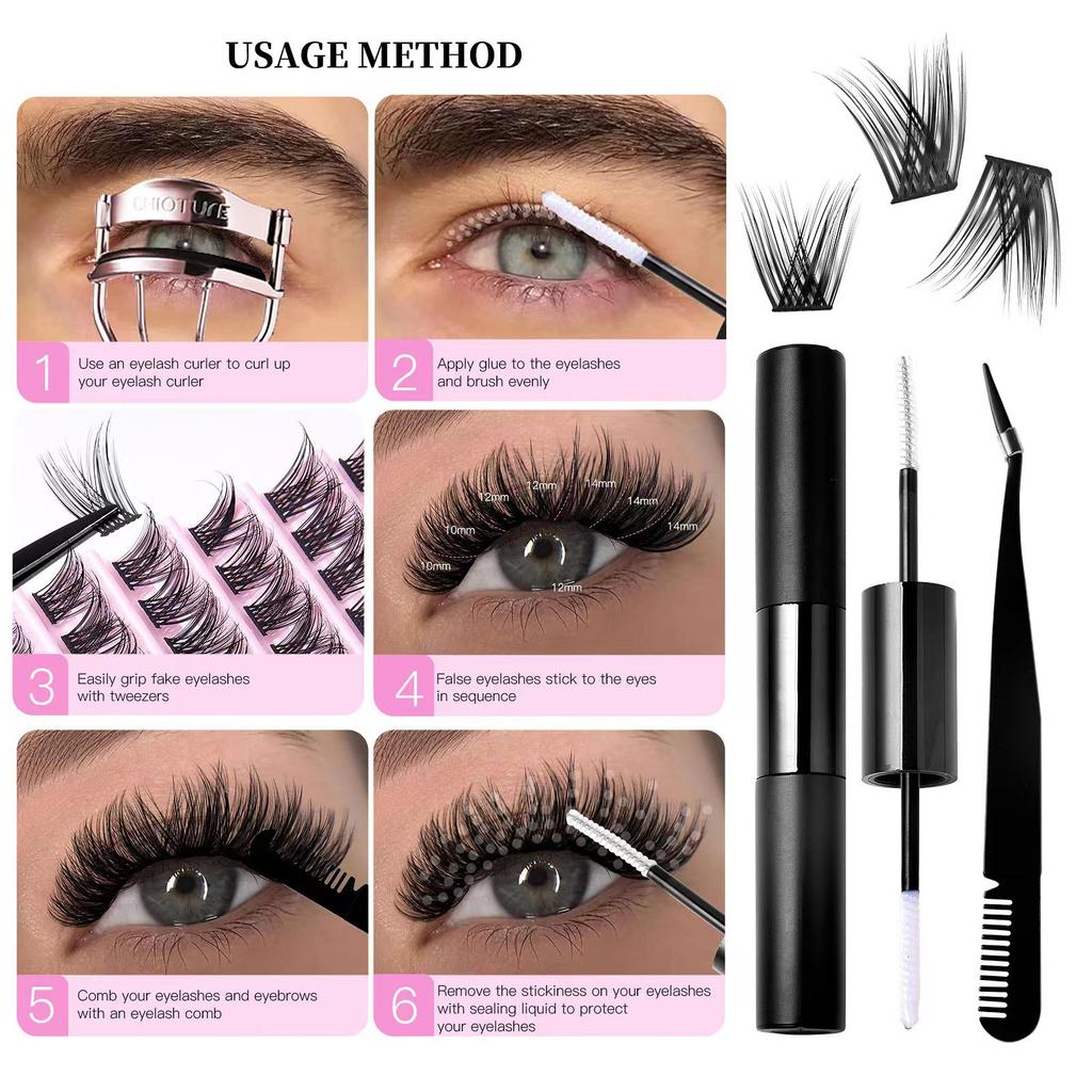 Premium Fiber Single-Cluster Eyelash Kit (Includes Adhesive + Tweezers + Comb)