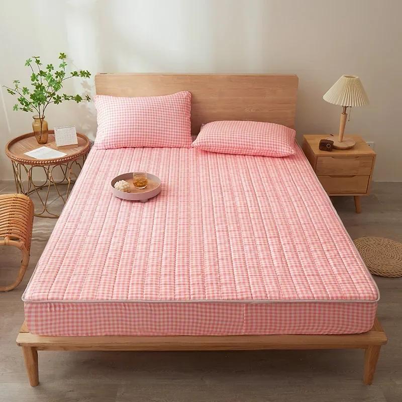 

Clip Cotton Plaid Bed Hat Washed Cotton Washed Cotton Thickened Non-slip Bedspread Student Dormitory Tatami Non-slip Pads 2xPillowcase 48x74cm
