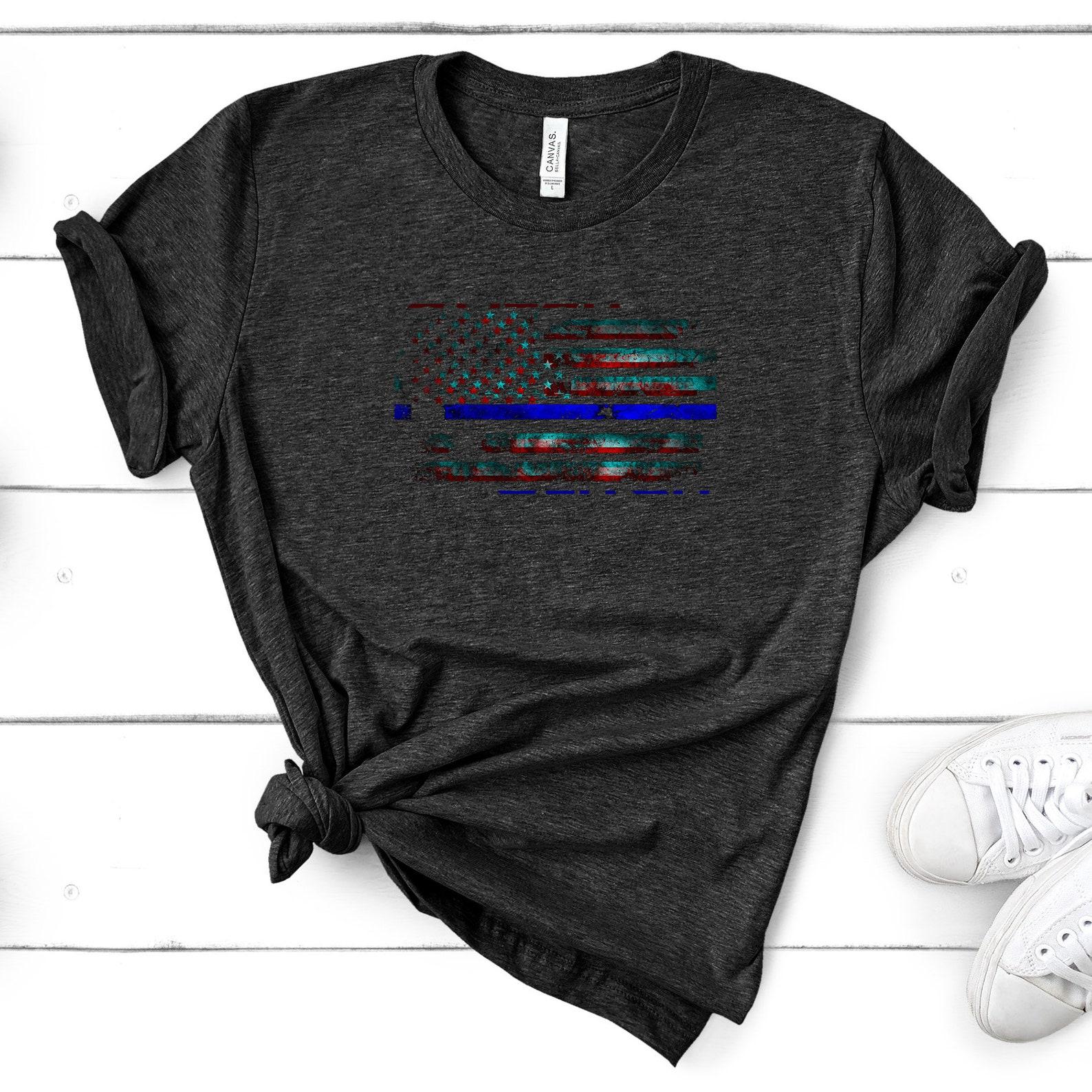 Police Officer Support T-Shirt - Glitch US Flag Blue Line Patriotic Policeman 4XL