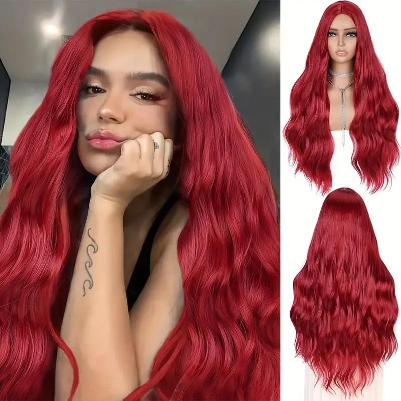 Long Wavy Synthetic Wig With Center Part Water Wave Style Women Natural Look Heat Resistant Fiber