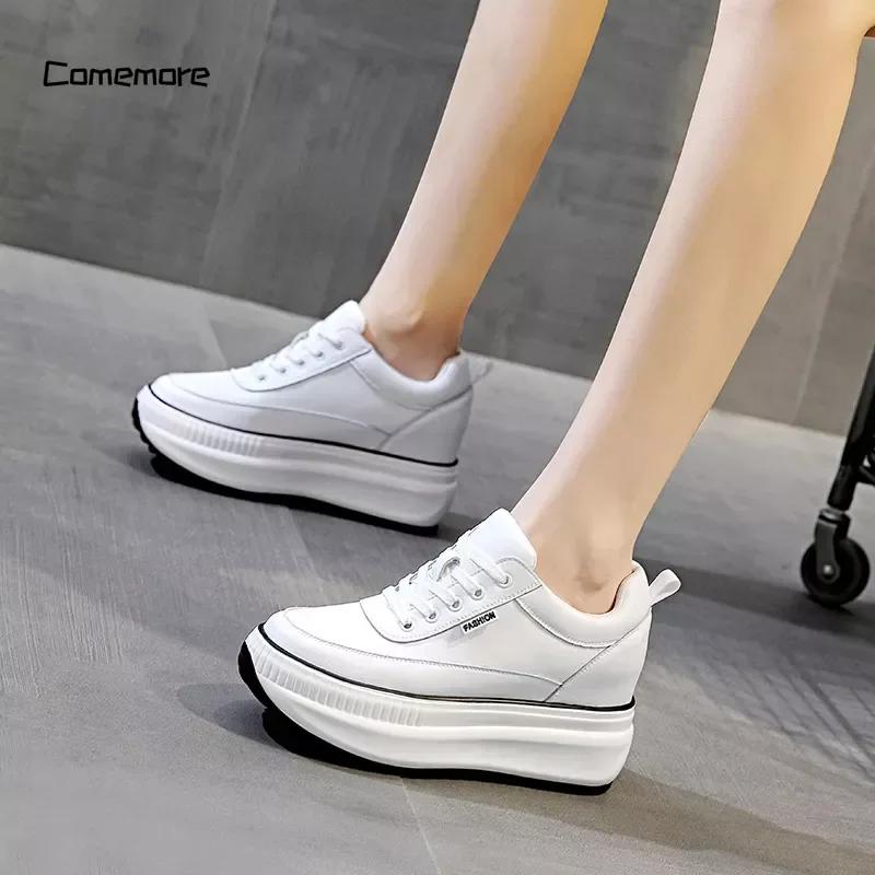 Platform Wedge Female Women 8CM Heels Sneakers Chunky Spring Autumn Shoe Women’s Genuine Leather Casual Black Shoes