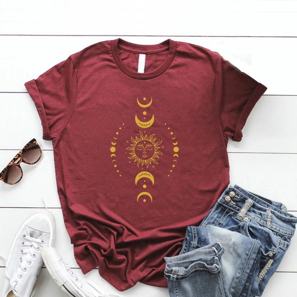Sun and Moon Stars TShirt Celestial Tshirt Boho Sun Moon TShirts Women Short Sleeve T Shirts Retro Mystical Tee Women Clothes