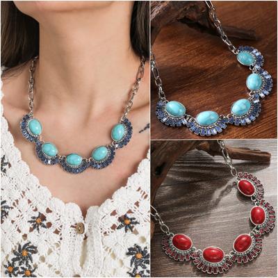 BLINGBAY Damen-Anhänger Halskette Retro Ethnischer Stil Türkis Halskette Persönlichkeit Diamant Halskette Schmuck Mädchen Geburtstagsgeschenk