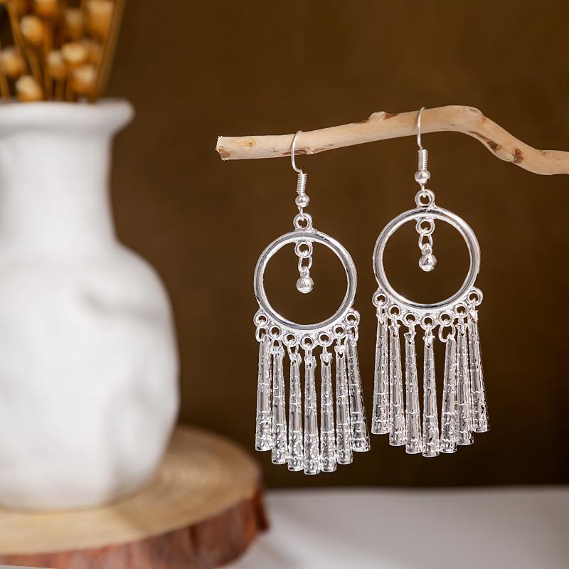 Miao Silver Tassel Dangle Earrings: Ethnic-Style Studs for Women