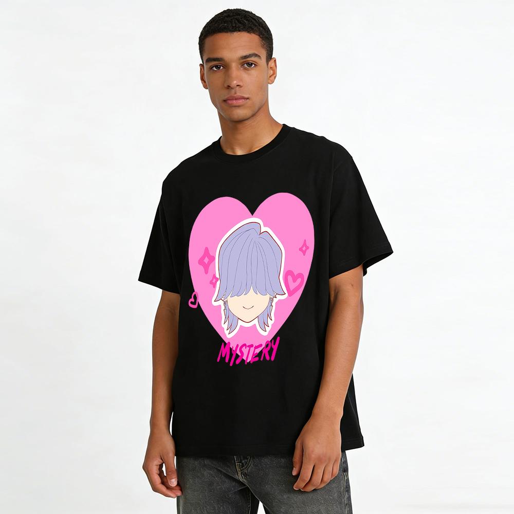 Mystery Purple Haired Heart Print Casual Top Cool Eye-Covering Character Pattern Loose Daily T-Shirt Pure cotton T-shirt