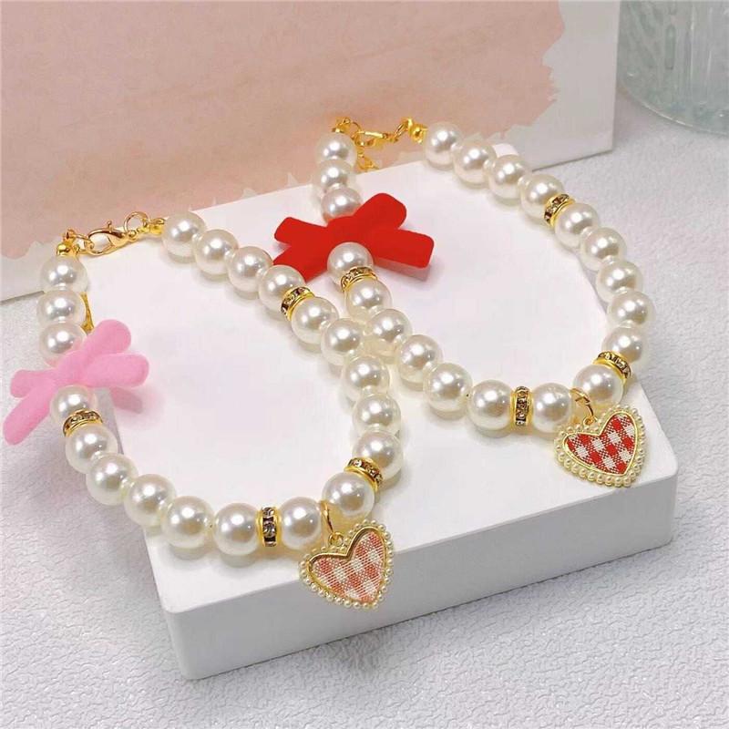 Pet Bow Pearl Collar Cat Jewelry Heart Pendant Necklace Dog Sweet Decorations Puppy Rhinestone Collar Chihuahua Accesorios